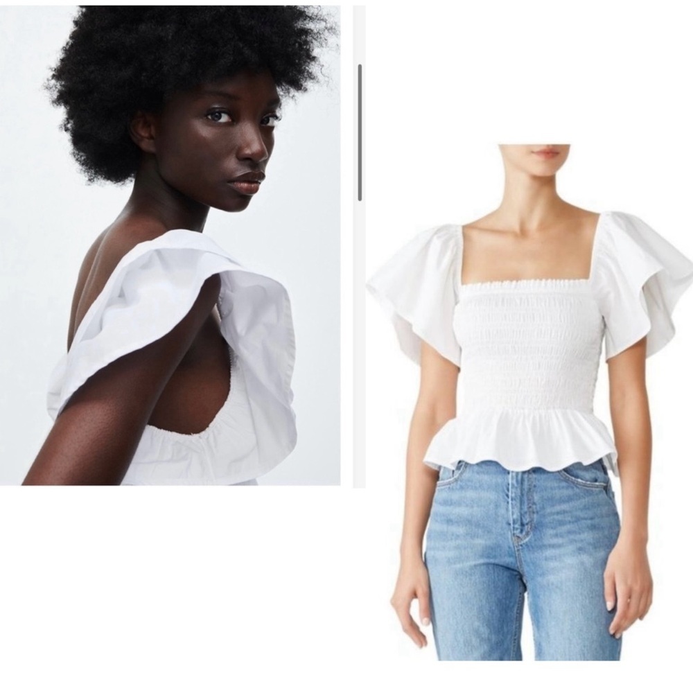Zara White Ruffle frill sleeve smocked voluminous top Blouse Sz L NWOT bohemian